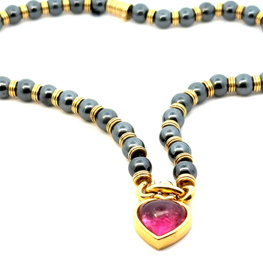 Bulgari 1970s 18KT Yellow Gold Tourmaline & Hematite Heart Necklace front