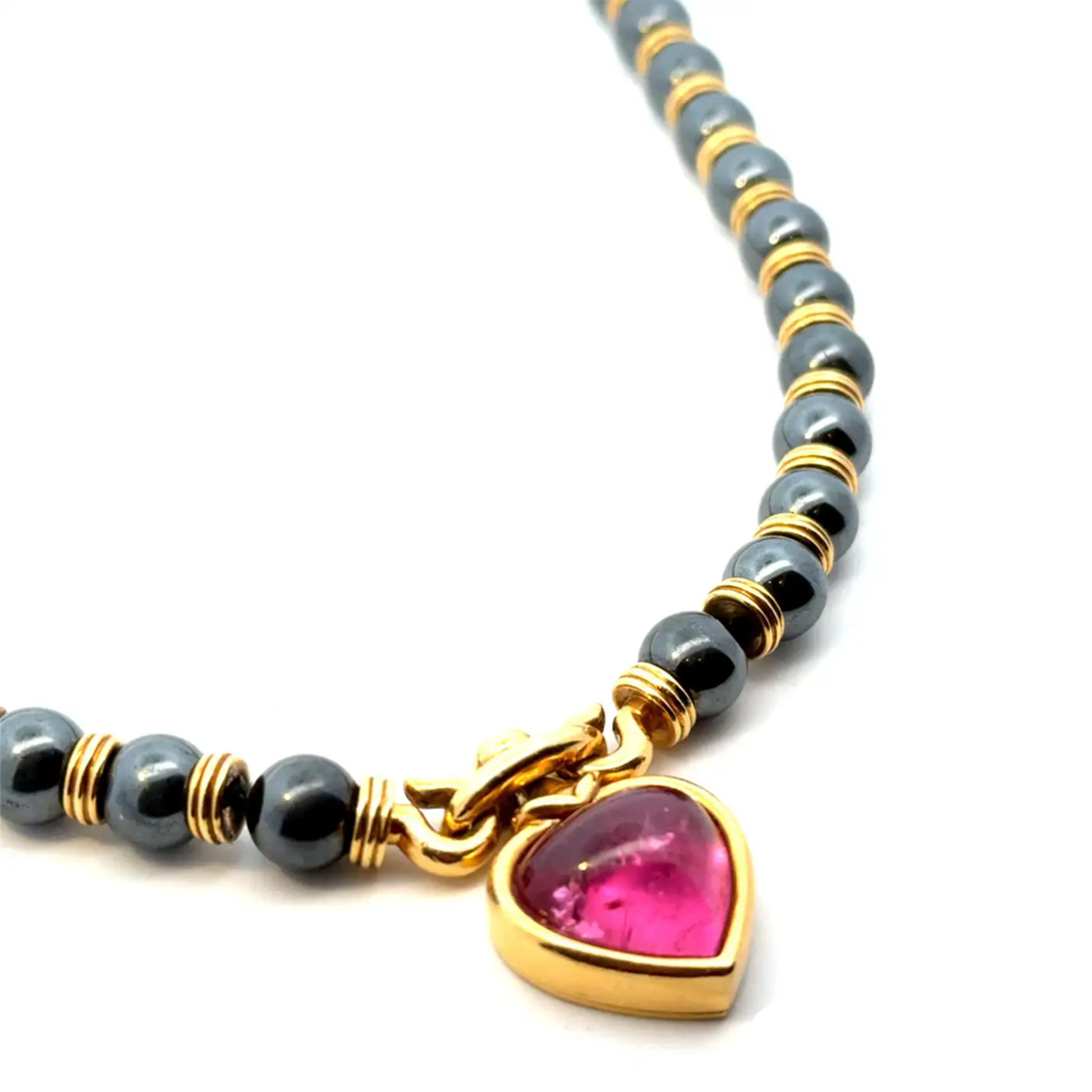 Bulgari 1970s 18KT Yellow Gold Tourmaline & Hematite Heart Necklace front