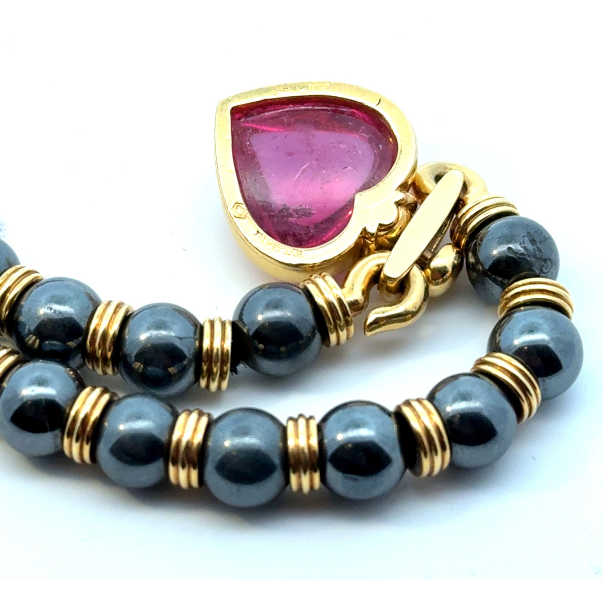 Bulgari 1970s 18KT Yellow Gold Tourmaline & Hematite Heart Necklace back