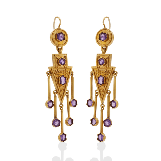 Italian Antique 18KT Yellow Gold Amethyst Earrings front