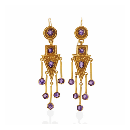 Italian Antique 18KT Yellow Gold Amethyst Earrings front