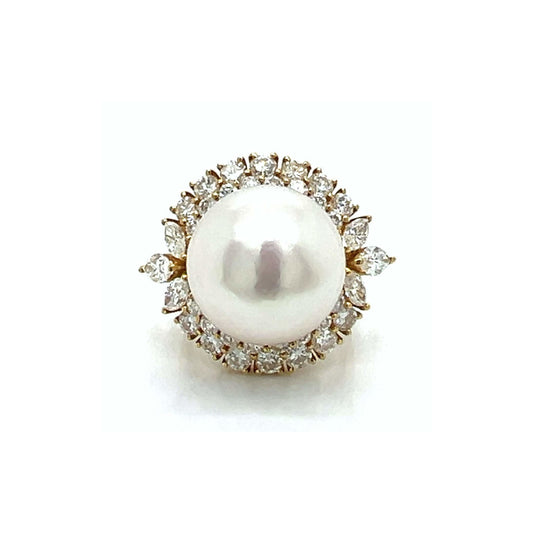 1980s 18KT Yellow Gold Cultured Pearl & Diamond Ring front