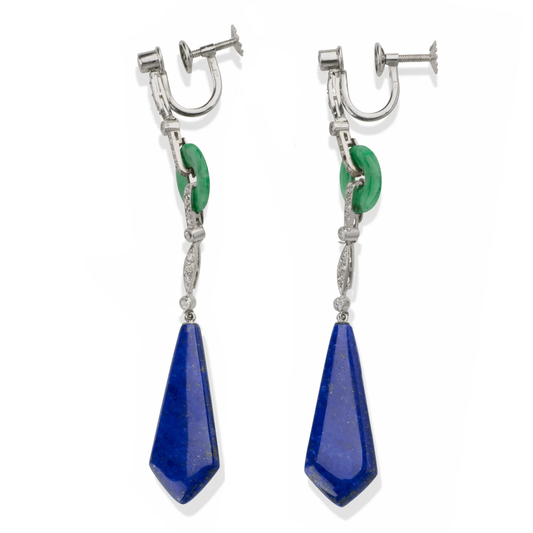 Victor Réard French Art Deco Platinum Diamond, Jade & Lapis Lazuli Earrings side