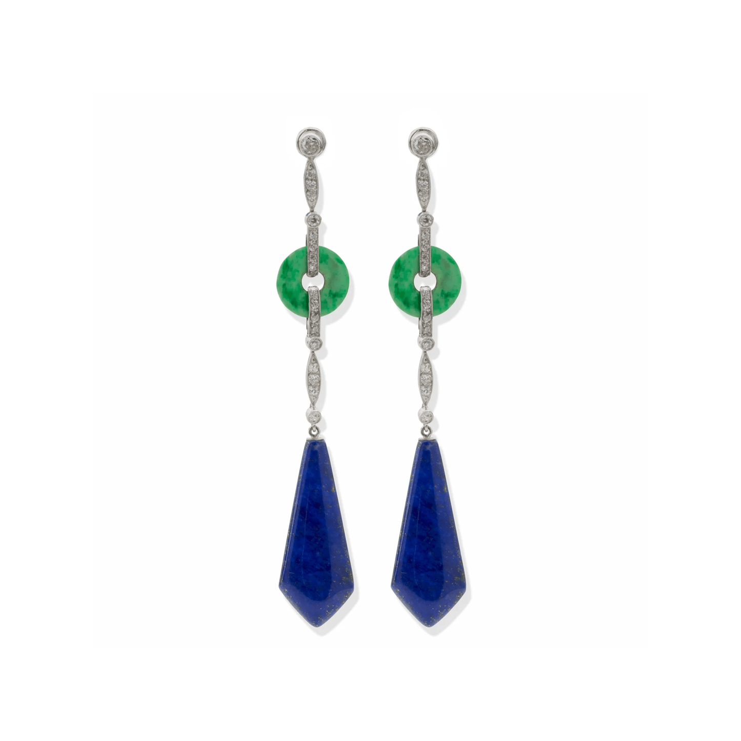 Victor Réard French Art Deco Platinum Diamond, Jade & Lapis Lazuli Earrings front