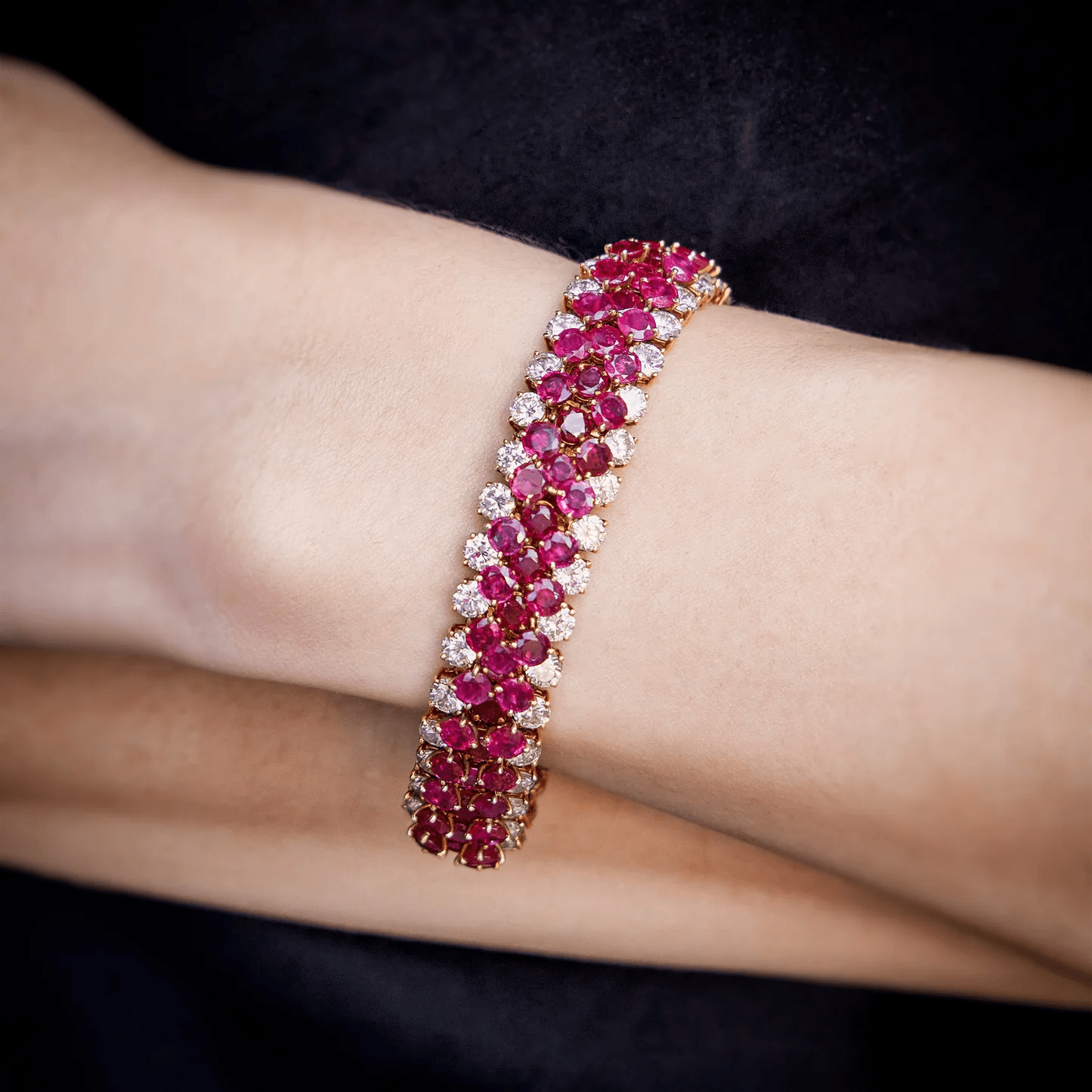 Van Cleef & Arpels NY 1970s 18KT Yellow Gold Ruby & Diamond Bracelet on wrist