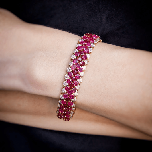 Van Cleef & Arpels NY 1970s 18KT Yellow Gold Ruby & Diamond Bracelet on wrist