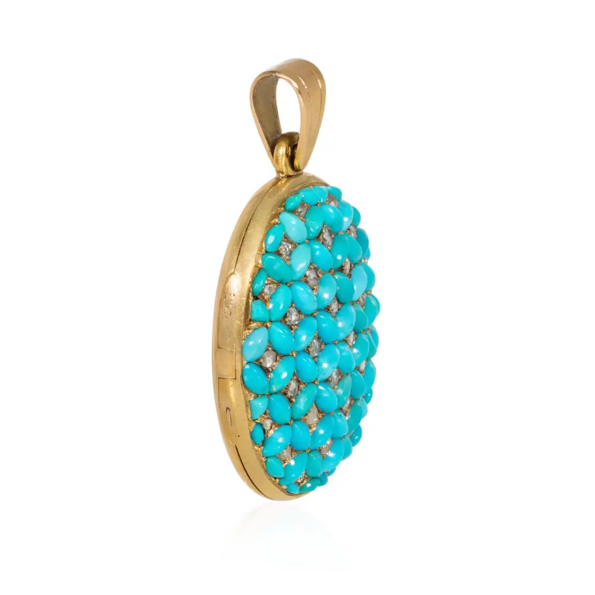 Victorian 18KT Yellow Gold Turquoise& Diamond Locket Pendant side