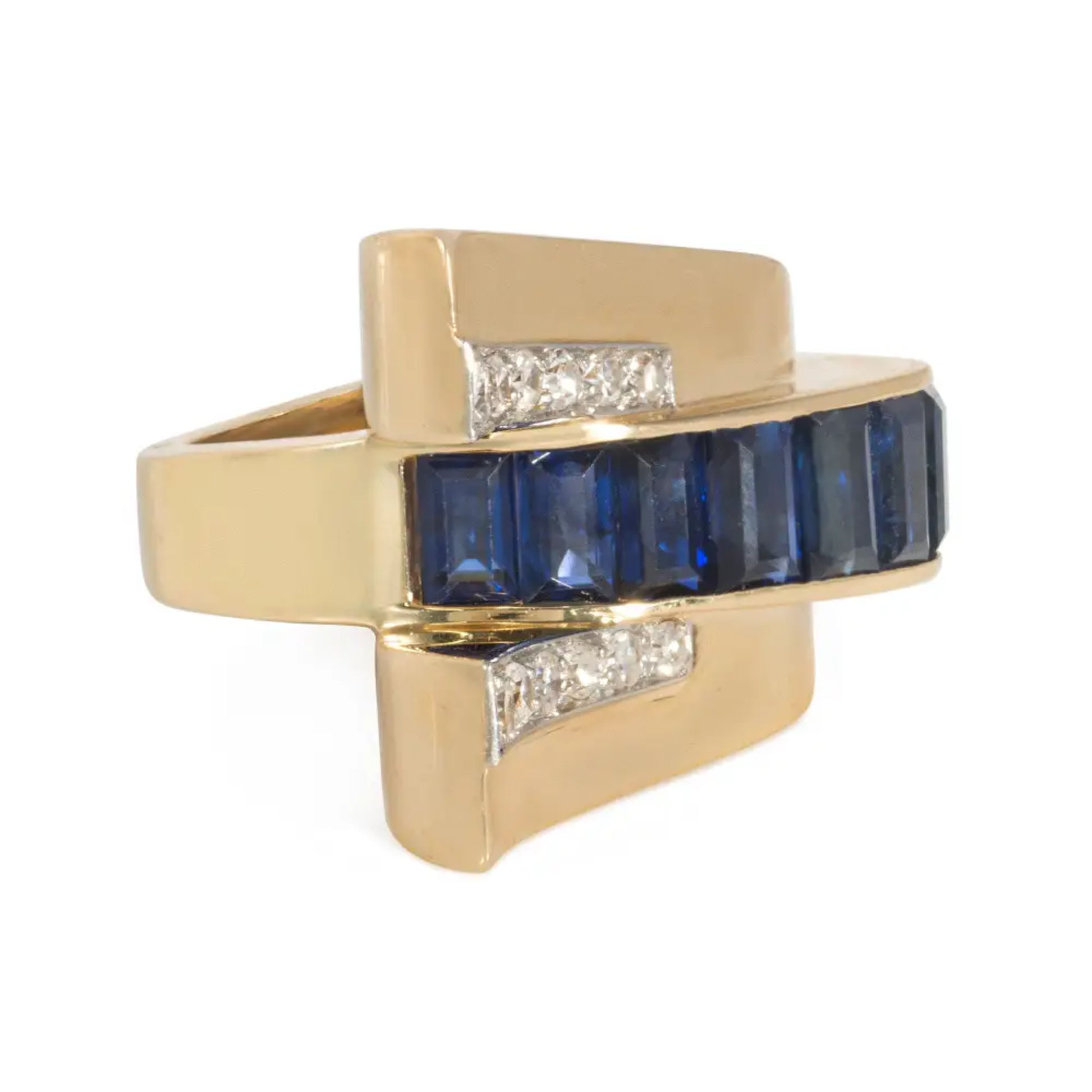 Boucheron Paris Retro 18KT Yellow Gold Sapphire & Diamond Ring front