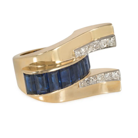 Boucheron Paris Retro 18KT Yellow Gold Sapphire & Diamond Ring front