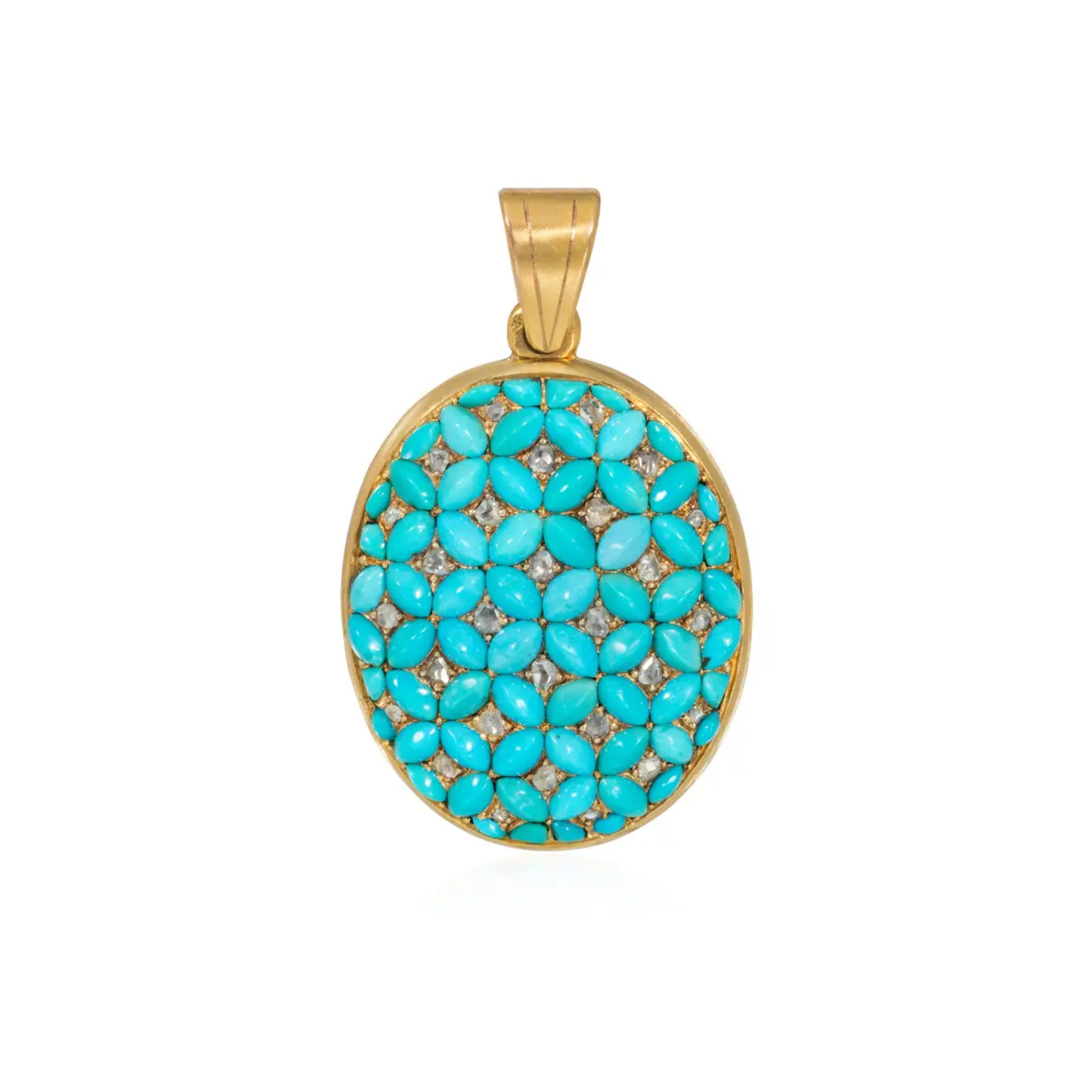 Victorian 18KT Yellow Gold Turquoise& Diamond Locket Pendant front