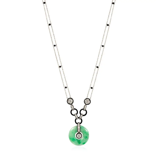 Art Deco Platinum Diamond, Enamel, Jade & Onyx Necklace front