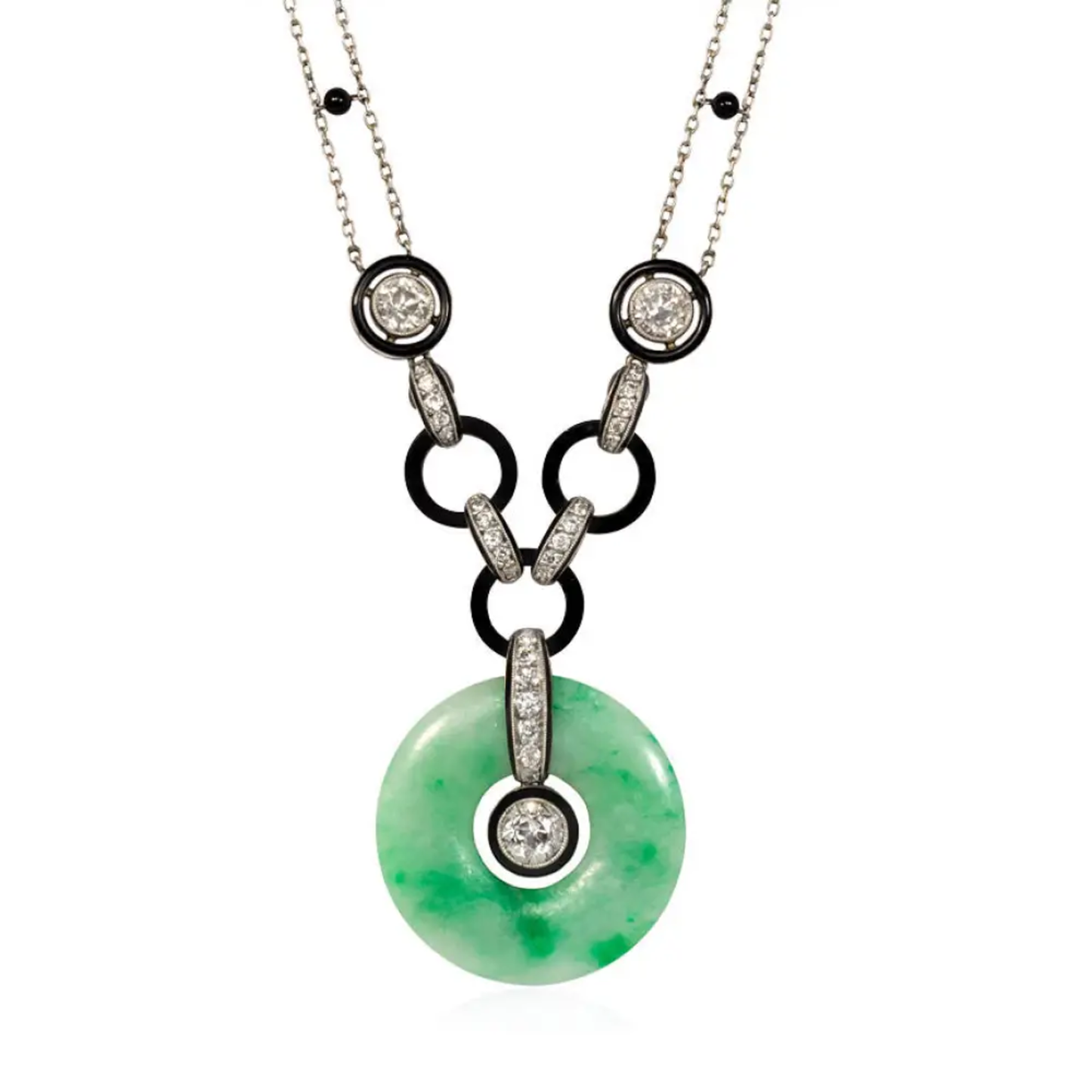 Art Deco Platinum Diamond, Enamel, Jade & Onyx Necklace front