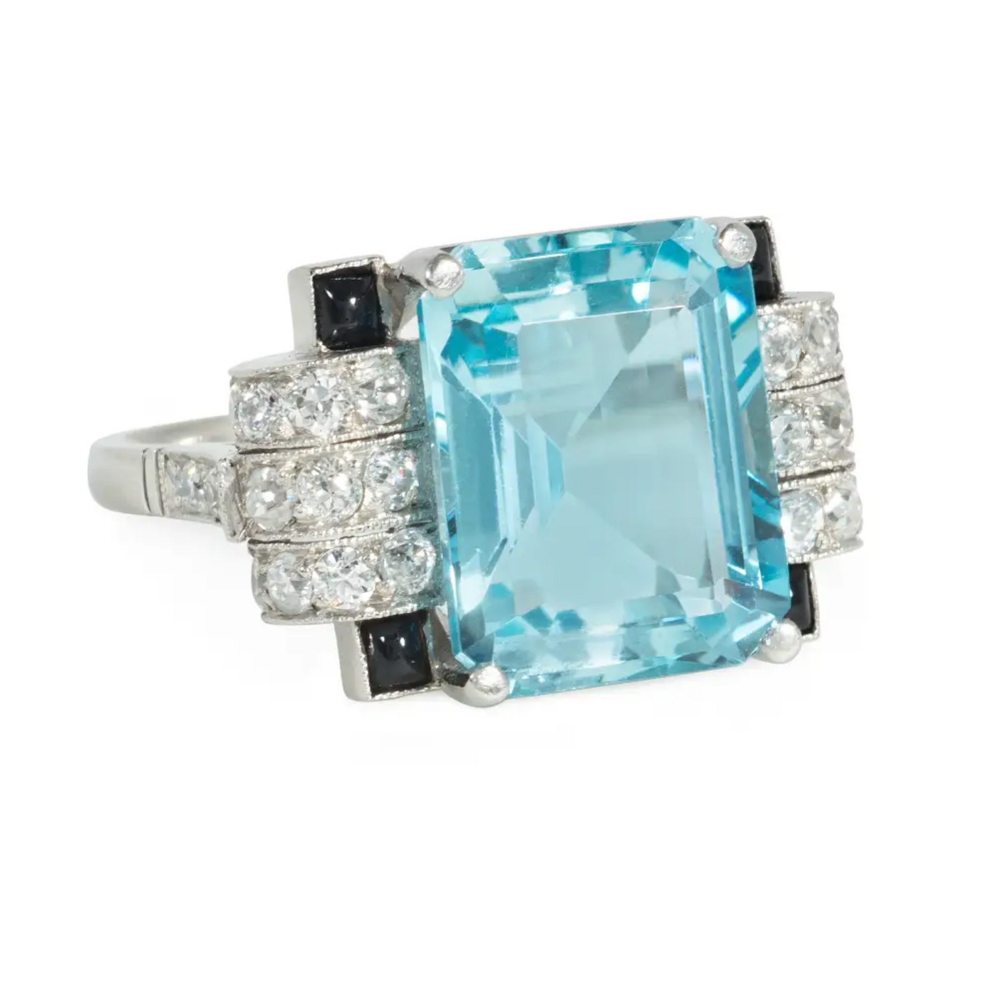 Art Deco Platinum Aquamarine, Diamond & Onyx Ring side