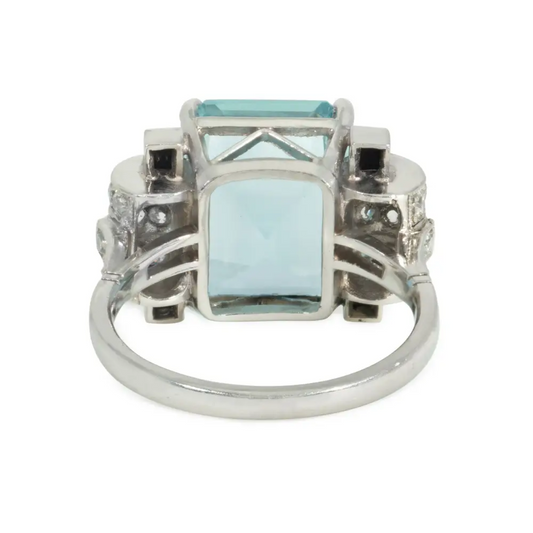 Art Deco Platinum Aquamarine, Diamond & Onyx Ring back