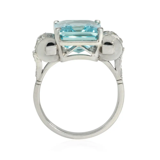 Art Deco Platinum Aquamarine, Diamond & Onyx Ring profile