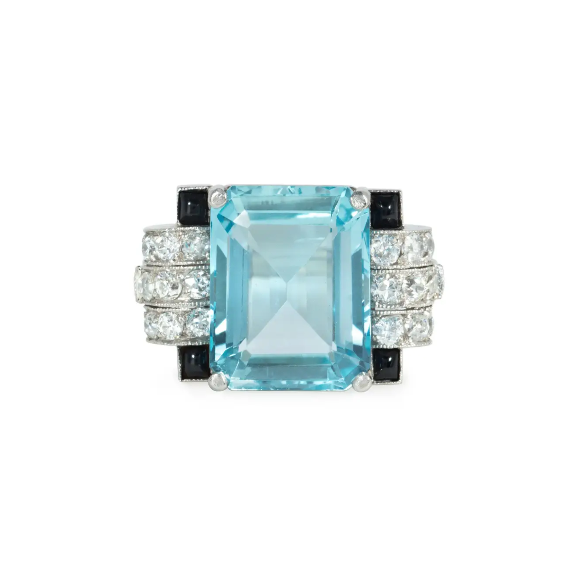 Art Deco Platinum Aquamarine, Diamond & Onyx Ring front