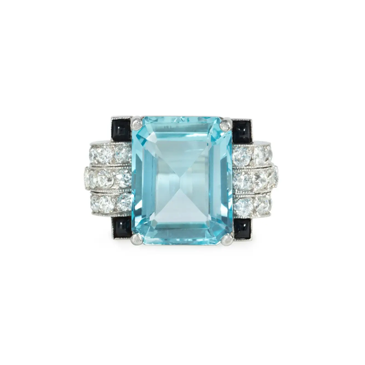 Art Deco Platinum Aquamarine, Diamond & Onyx Ring front