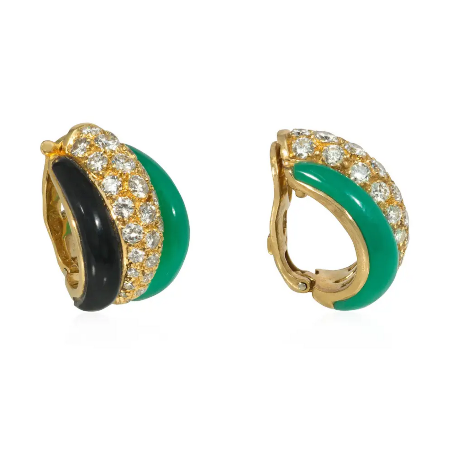 Van Cleef & Arpels France 1960s 18KT Yellow Gold Chrysoprase, Diamond, Onyx Earrings side