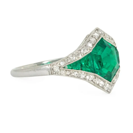 French Art Deco Platinum Emerald & Diamond Ring side