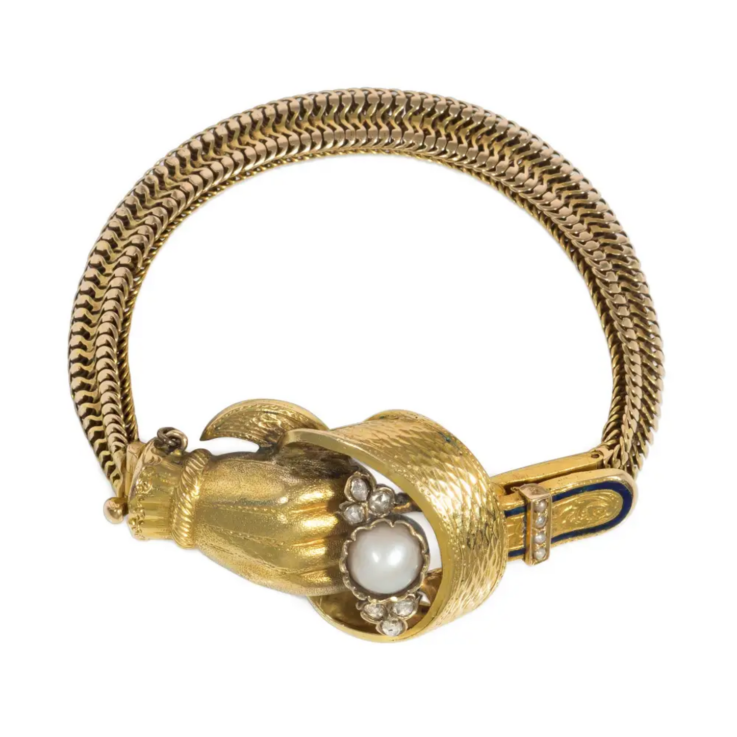 Georgian 15KT Yellow Gold Diamond, Enamel & Natural Pearl Bracelet front