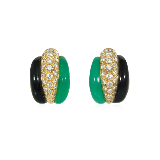 Van Cleef & Arpels France 1960s 18KT Yellow Gold Chrysoprase, Diamond, Onyx Earrings front