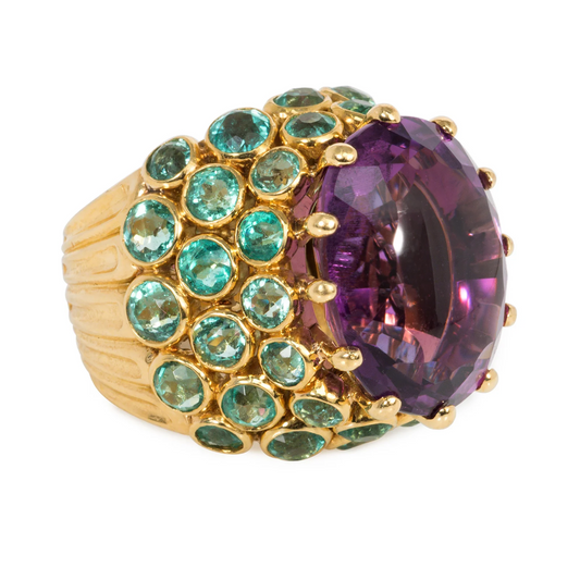 Rene Boivin France Retro 18KT Yellow Gold Amethyst & Emerald Ring side