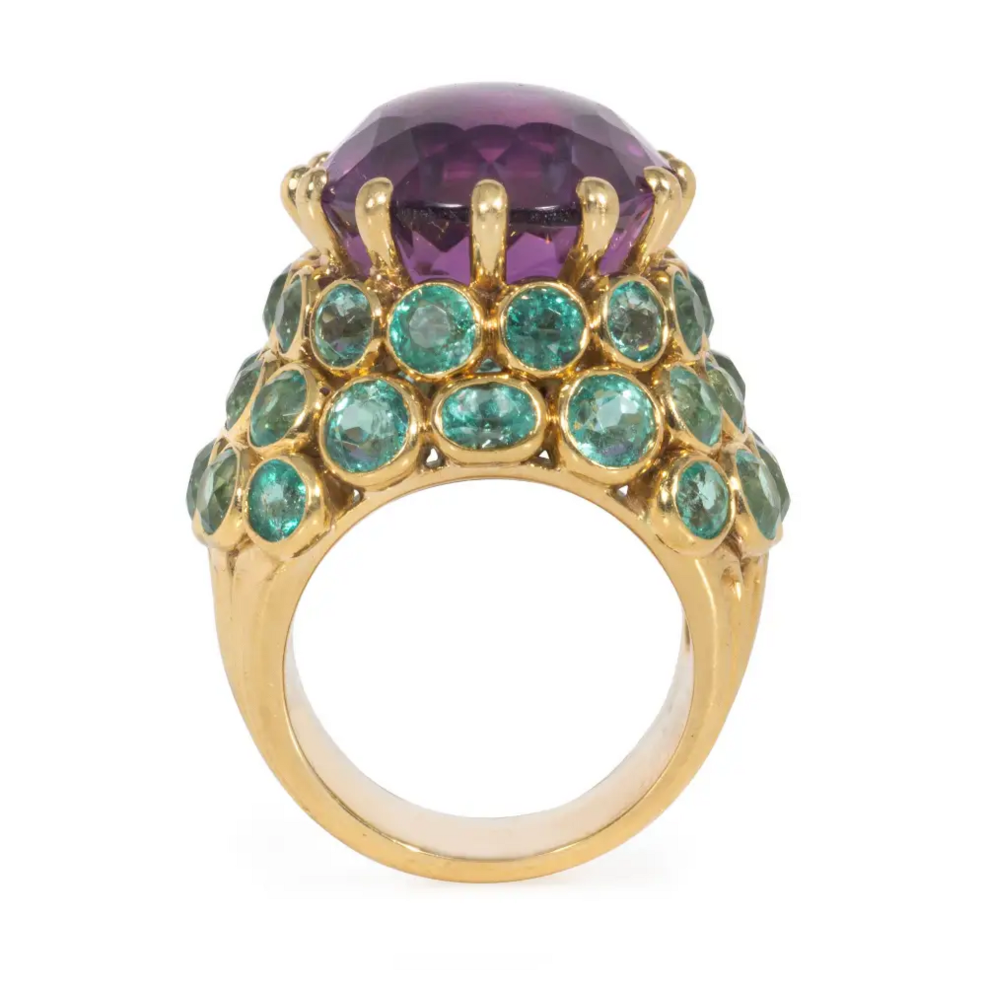 Rene Boivin France Retro 18KT Yellow Gold Amethyst & Emerald Ring profile