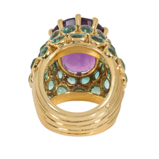 Rene Boivin France Retro 18KT Yellow Gold Amethyst & Emerald Ring back