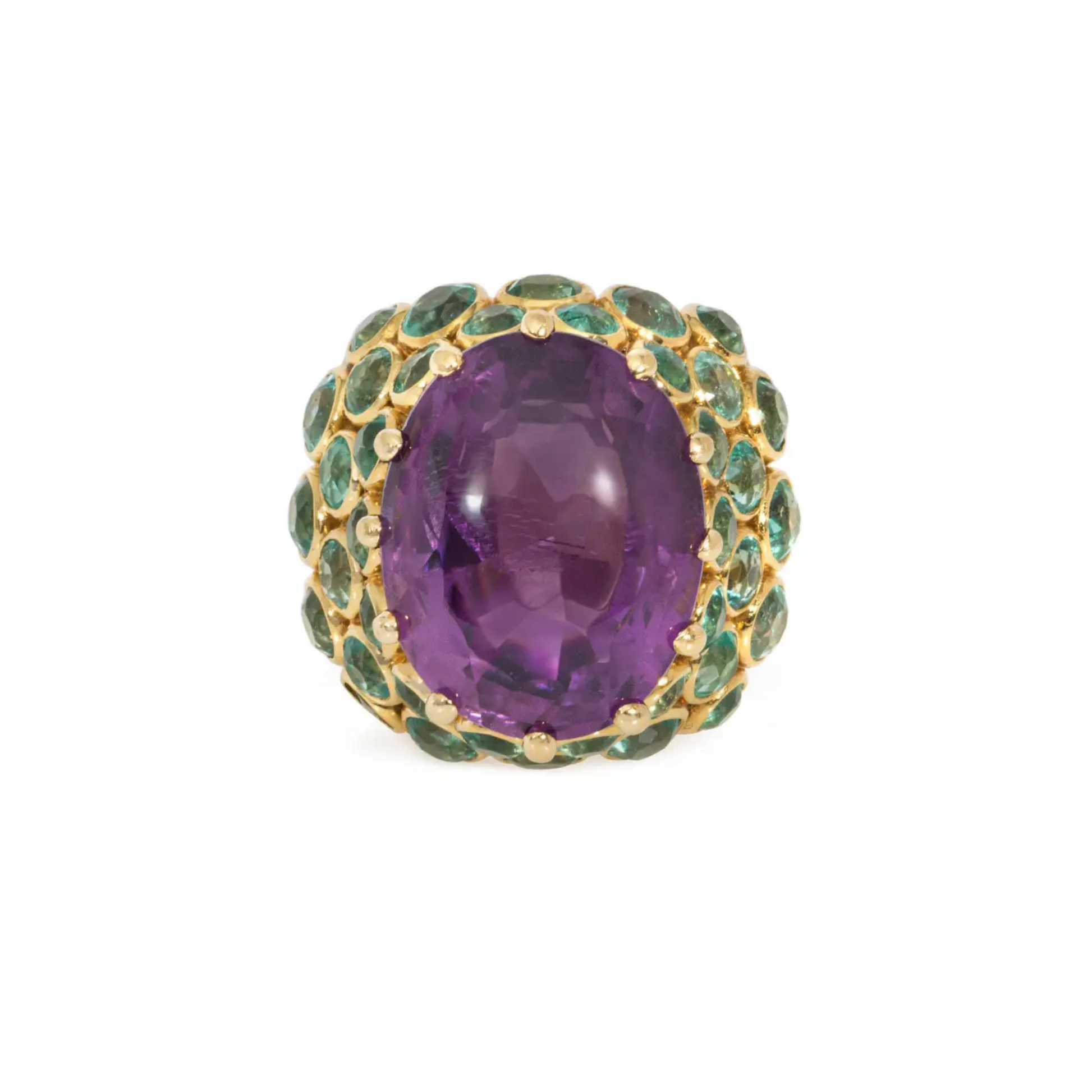 Rene Boivin France Retro 18KT Yellow Gold Amethyst & Emerald Ring front