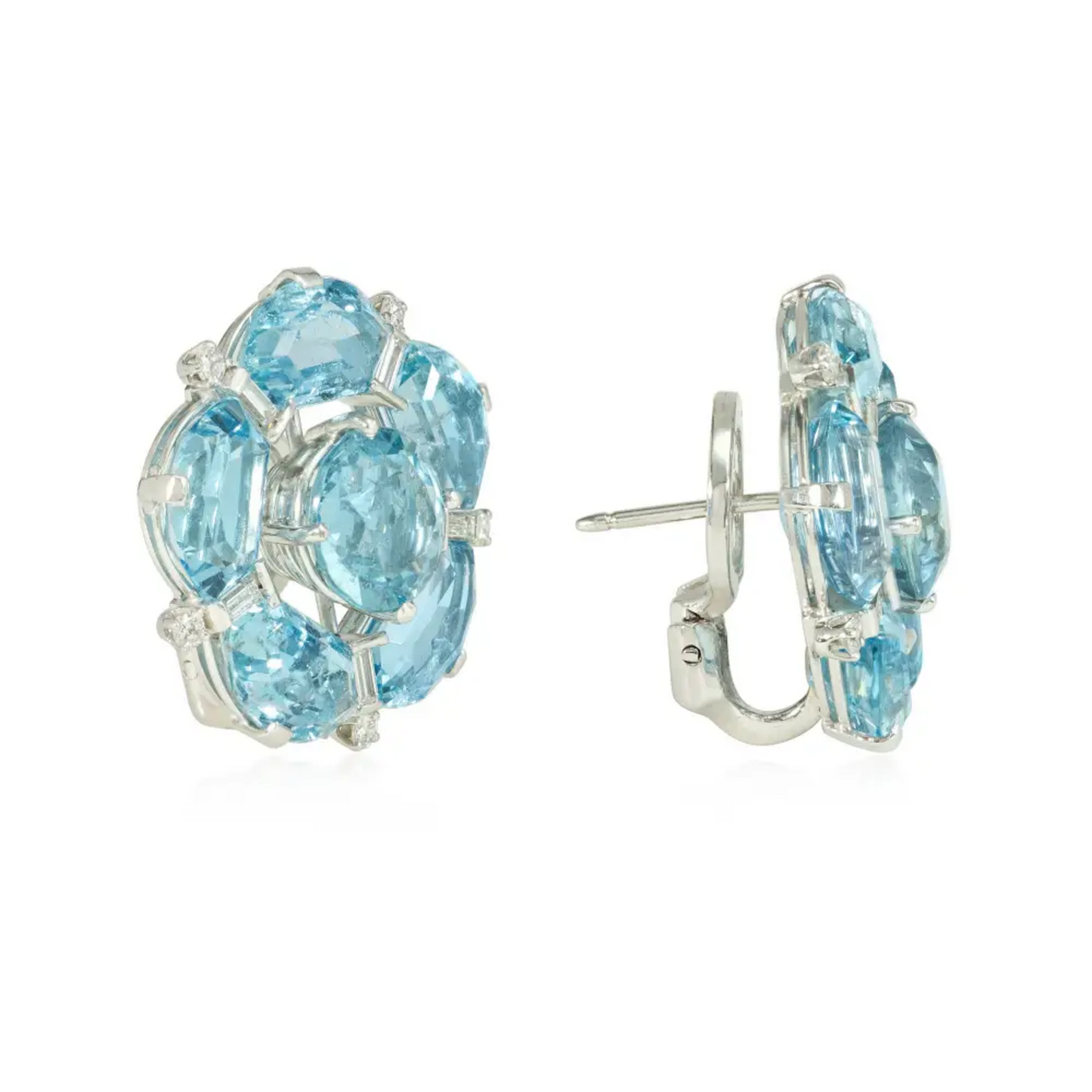 1980s Platinum Aquamarine & Diamond Flower Earrings side