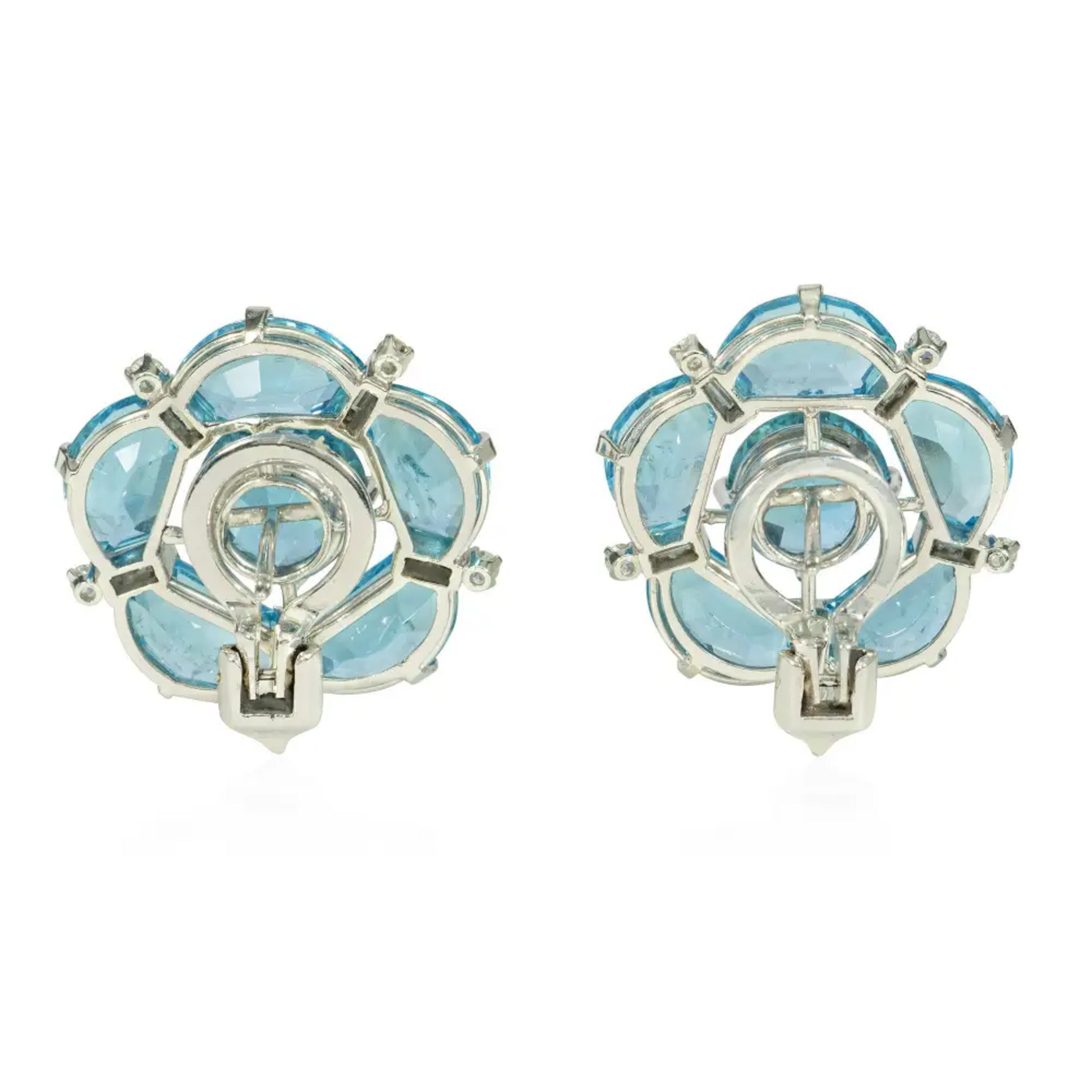 1980s Platinum Aquamarine & Diamond Flower Earrings back