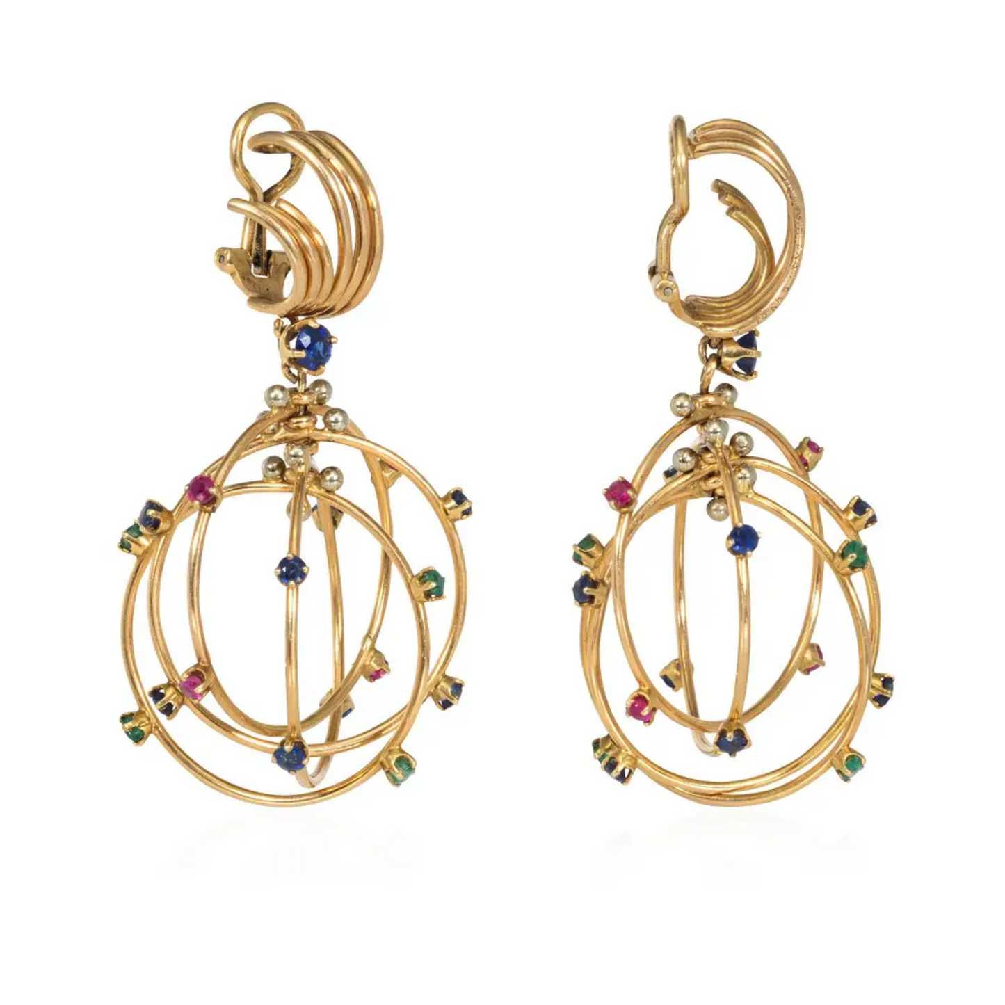 Mellerio Paris 1950s 18KT Yellow Gold Sapphire, Emerald & Ruby Earrings side