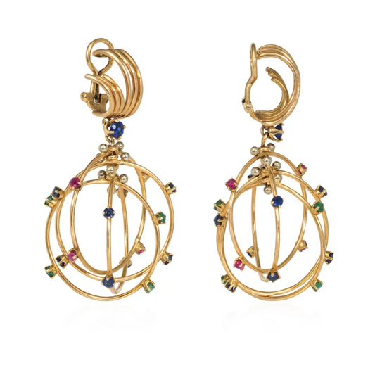 Mellerio Paris 1950s 18KT Yellow Gold Sapphire, Emerald & Ruby Earrings side