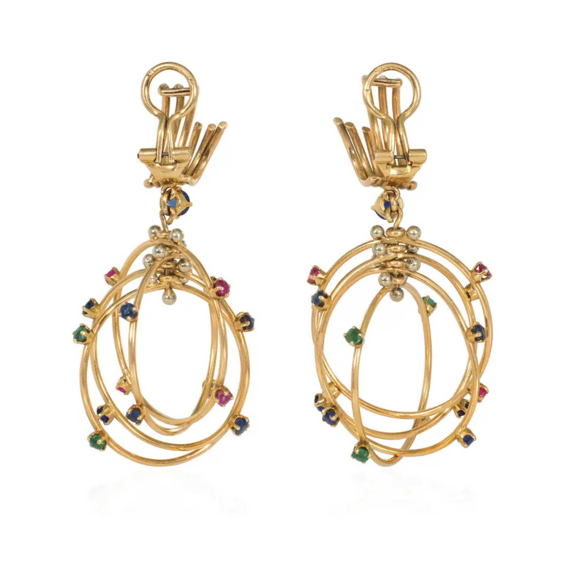 Mellerio Paris 1950s 18KT Yellow Gold Sapphire, Emerald & Ruby Earrings back