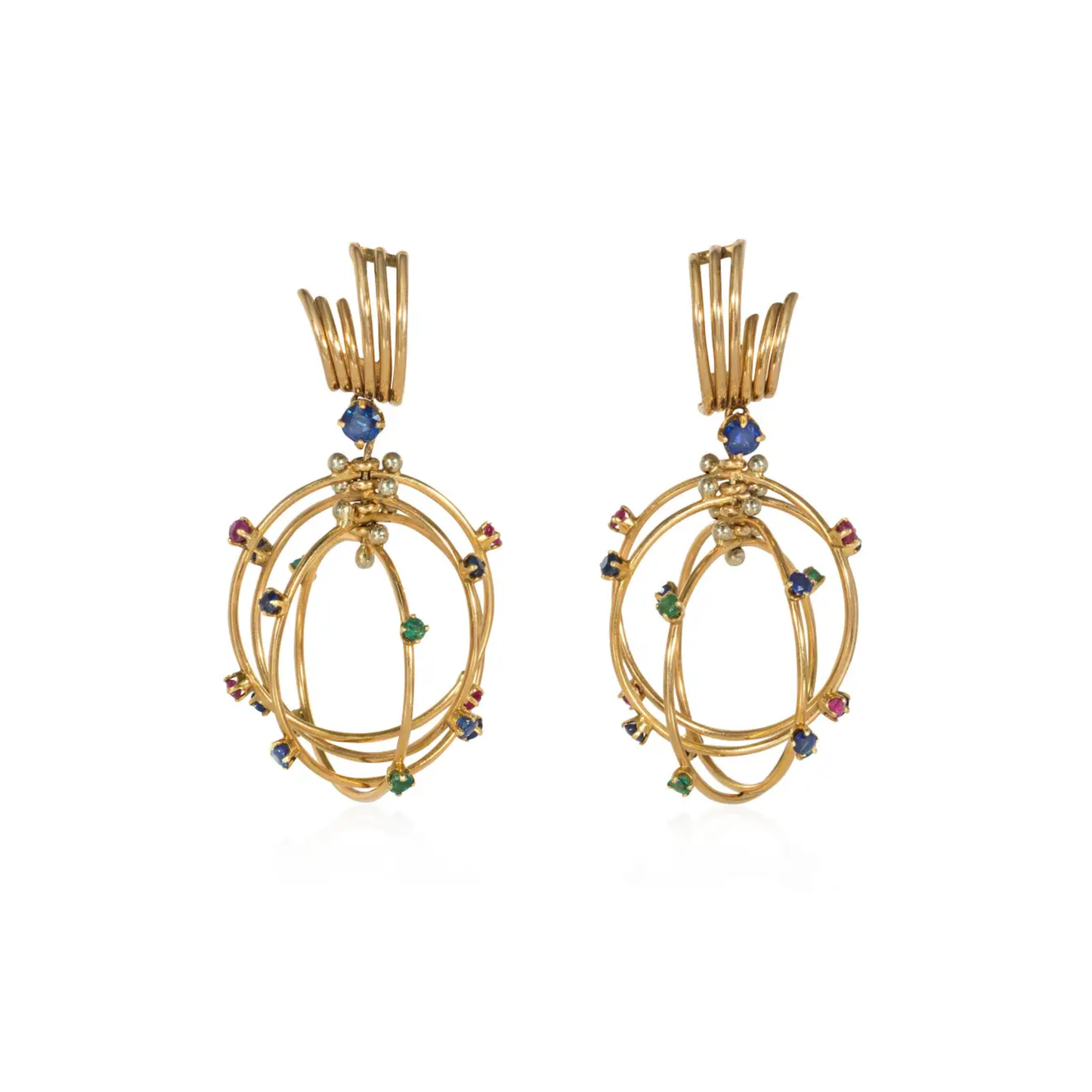 Mellerio Paris 1950s 18KT Yellow Gold Sapphire, Emerald & Ruby Earrings front