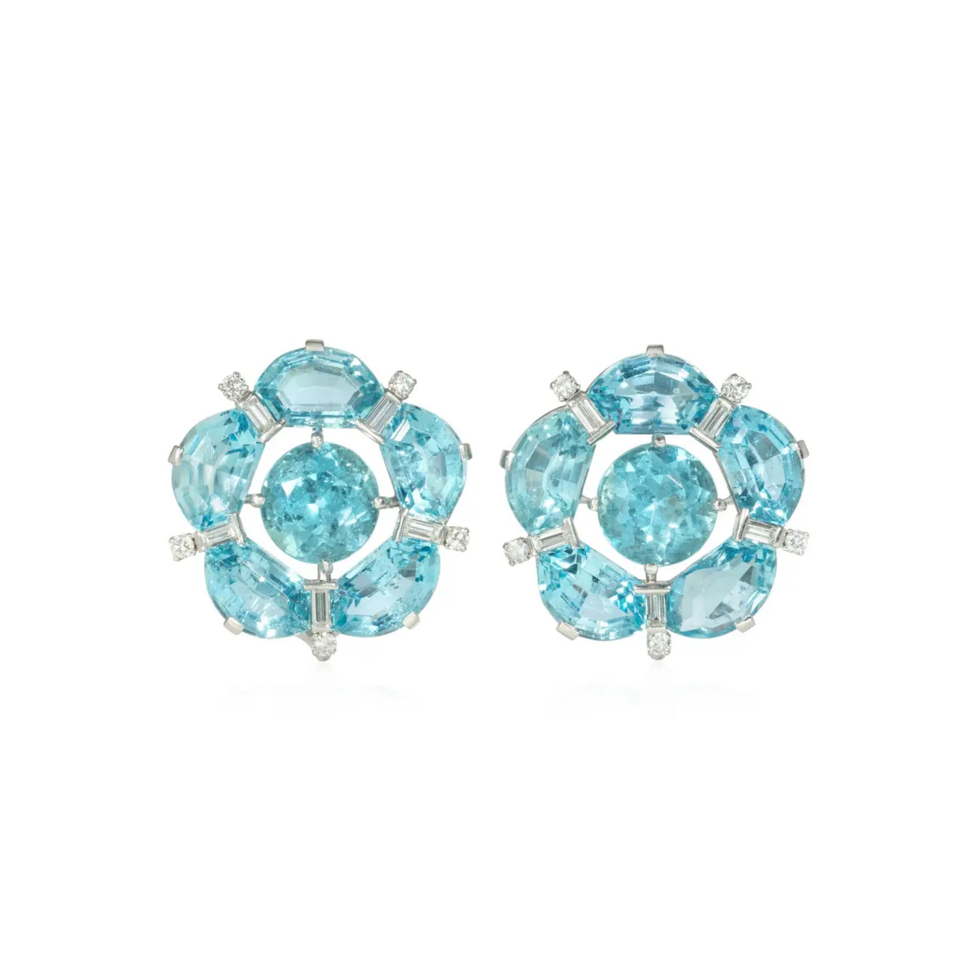 1980s Platinum Aquamarine & Diamond Flower Earrings front