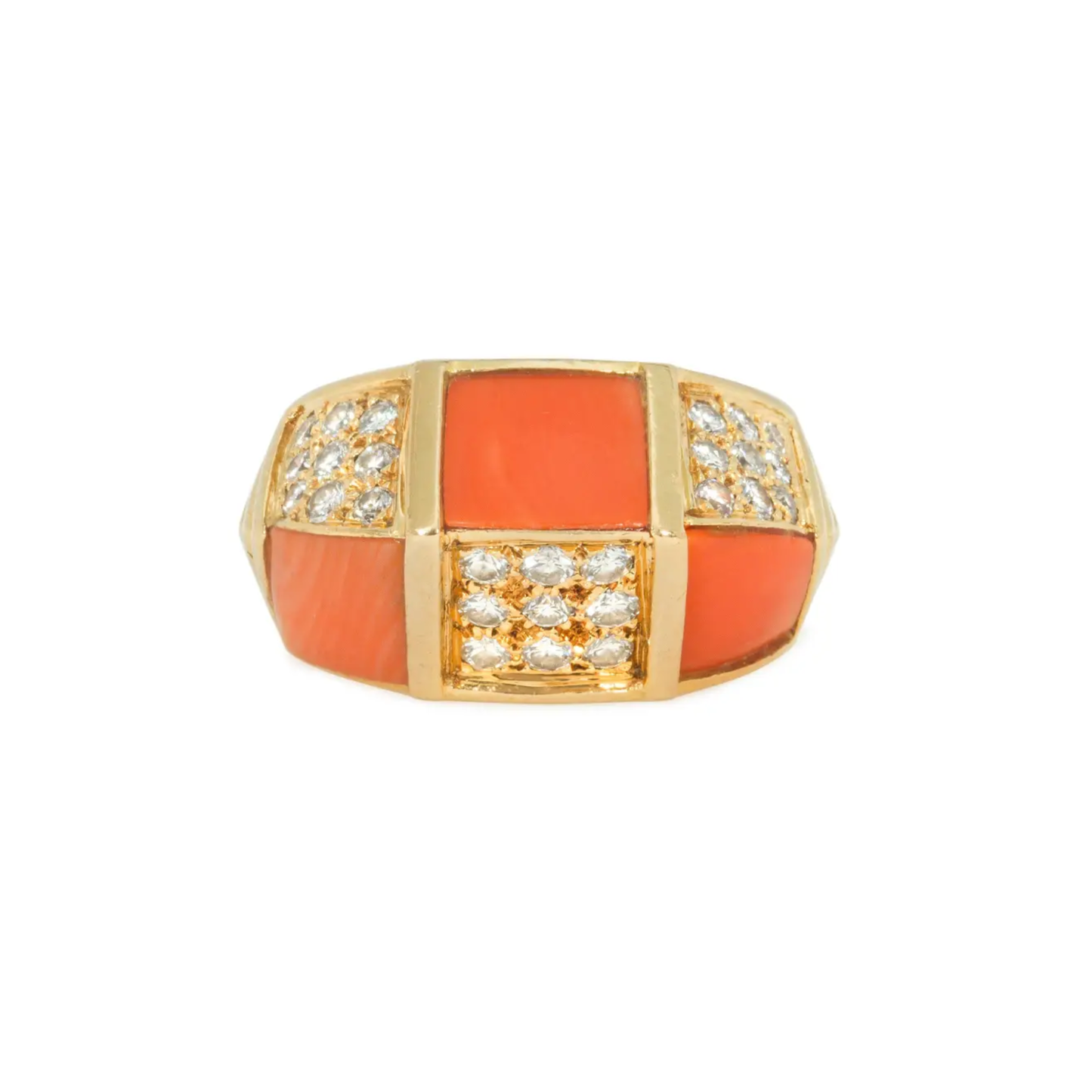 Van Cleef & Arpels Paris 1970s 18KT Yellow Gold Diamond & Coral Ring front