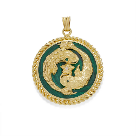 Van Cleef & Arpels French 1970s 18KT Yellow Gold Malachite, Diamond & Emerald Pisces Pendant Necklace front