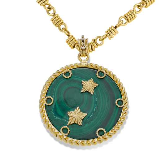 Van Cleef & Arpels French 1970s 18KT Yellow Gold Malachite, Diamond & Emerald Pisces Pendant Necklace back