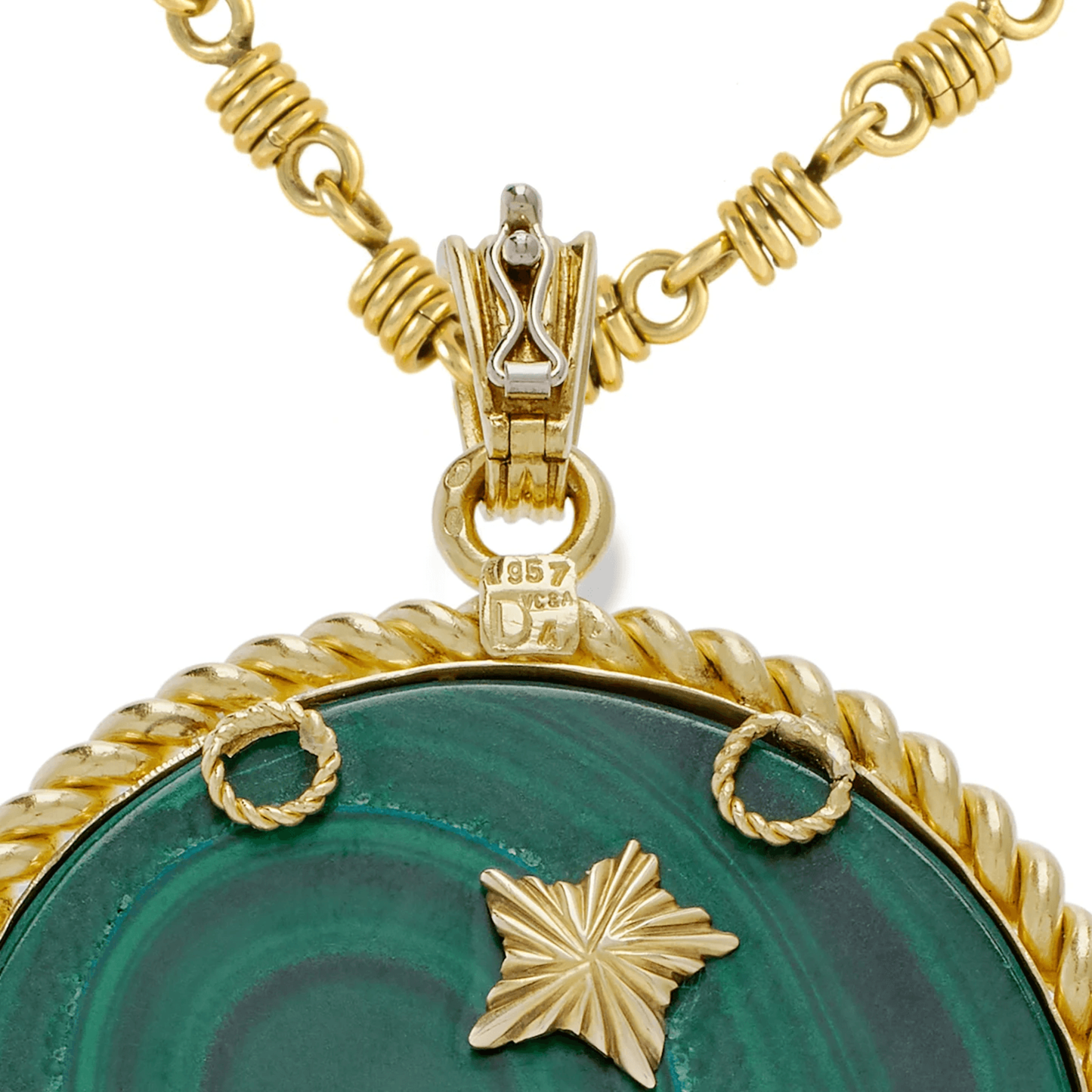 Van Cleef & Arpels French 1970s 18KT Yellow Gold Malachite, Diamond & Emerald Pisces Pendant Necklace signature