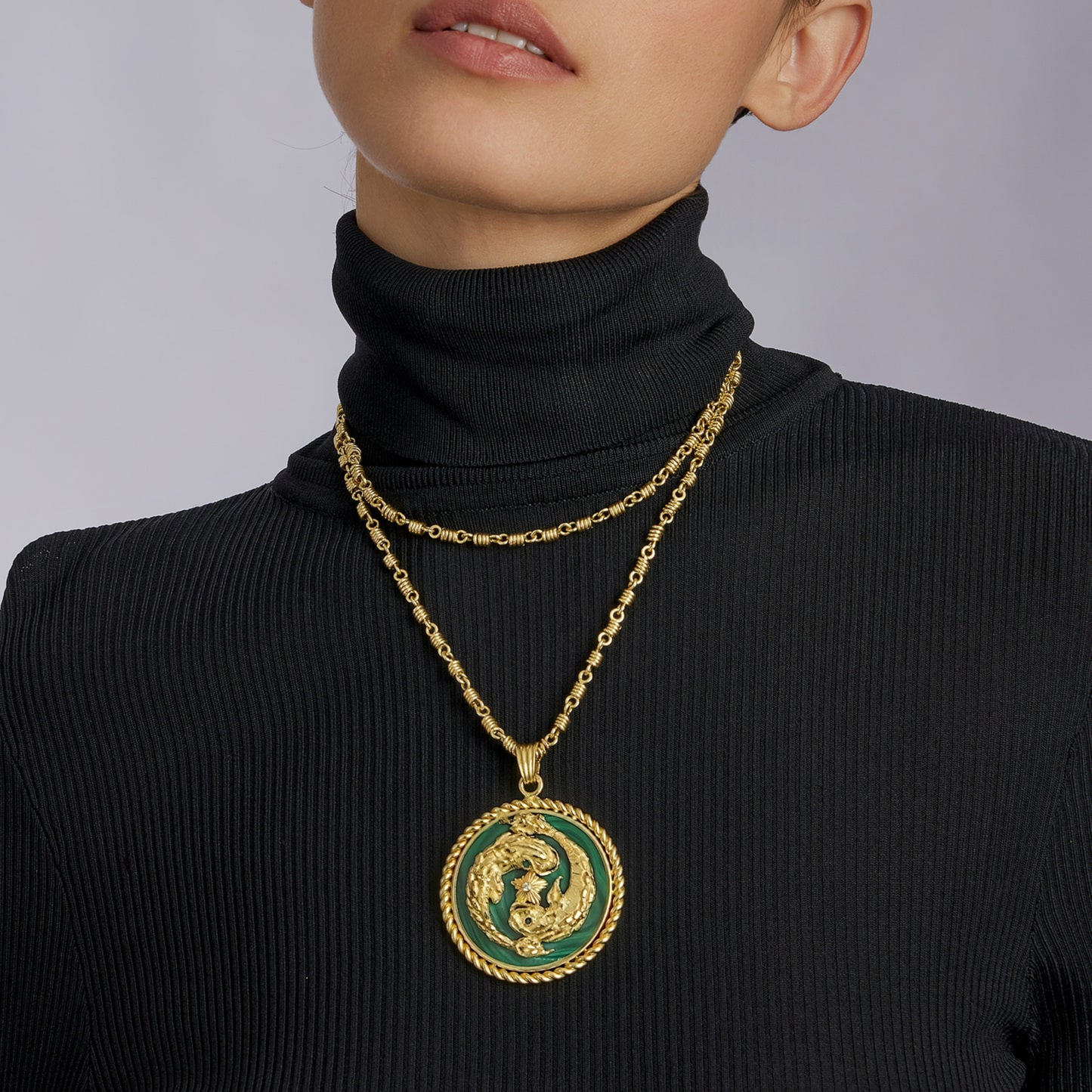 Van Cleef & Arpels French 1970s 18KT Yellow Gold Malachite, Diamond & Emerald Pisces Pendant Necklace on neck