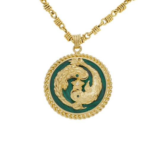 Van Cleef & Arpels French 1970s 18KT Yellow Gold Malachite, Diamond & Emerald Pisces Pendant Necklace front