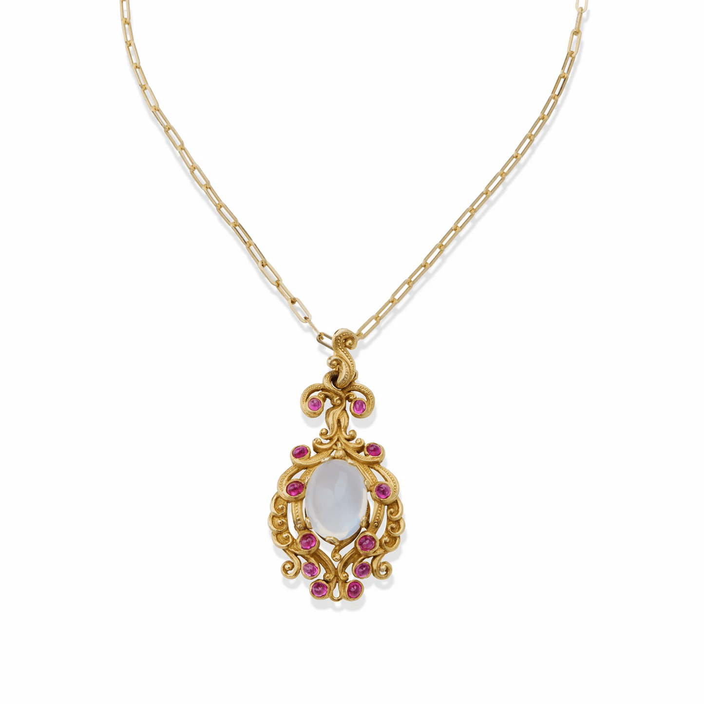 Victorian 14KT Yellow Gold Moonstone & Ruby Necklace front