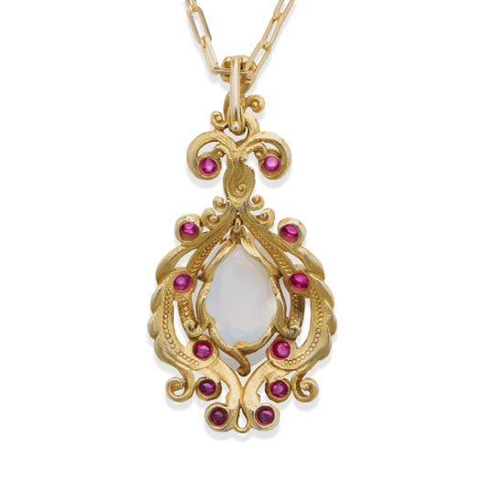 Victorian 14KT Yellow Gold Moonstone & Ruby Necklace back