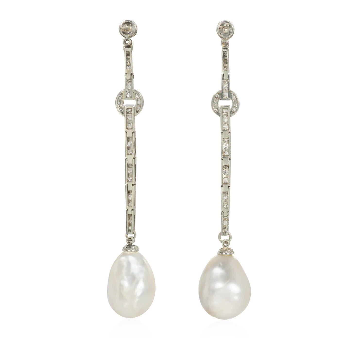 French Art Deco Platinum Natural Pearl & Diamond Earrings back