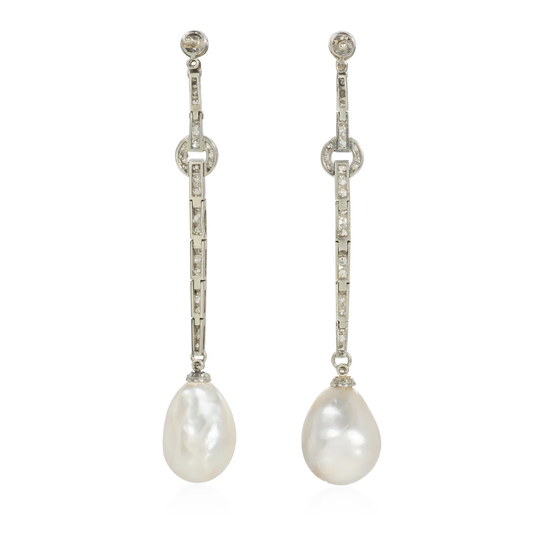 French Art Deco Platinum Natural Pearl & Diamond Earrings back