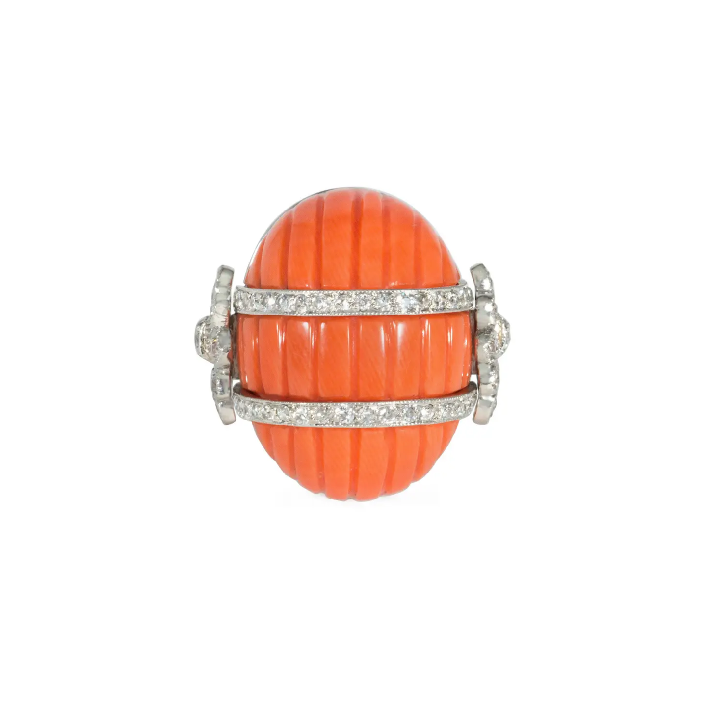 French Art Deco Platinum Coral & Diamond Ring front