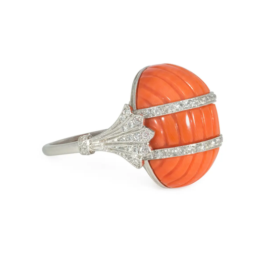 French Art Deco Platinum Coral & Diamond Ring side