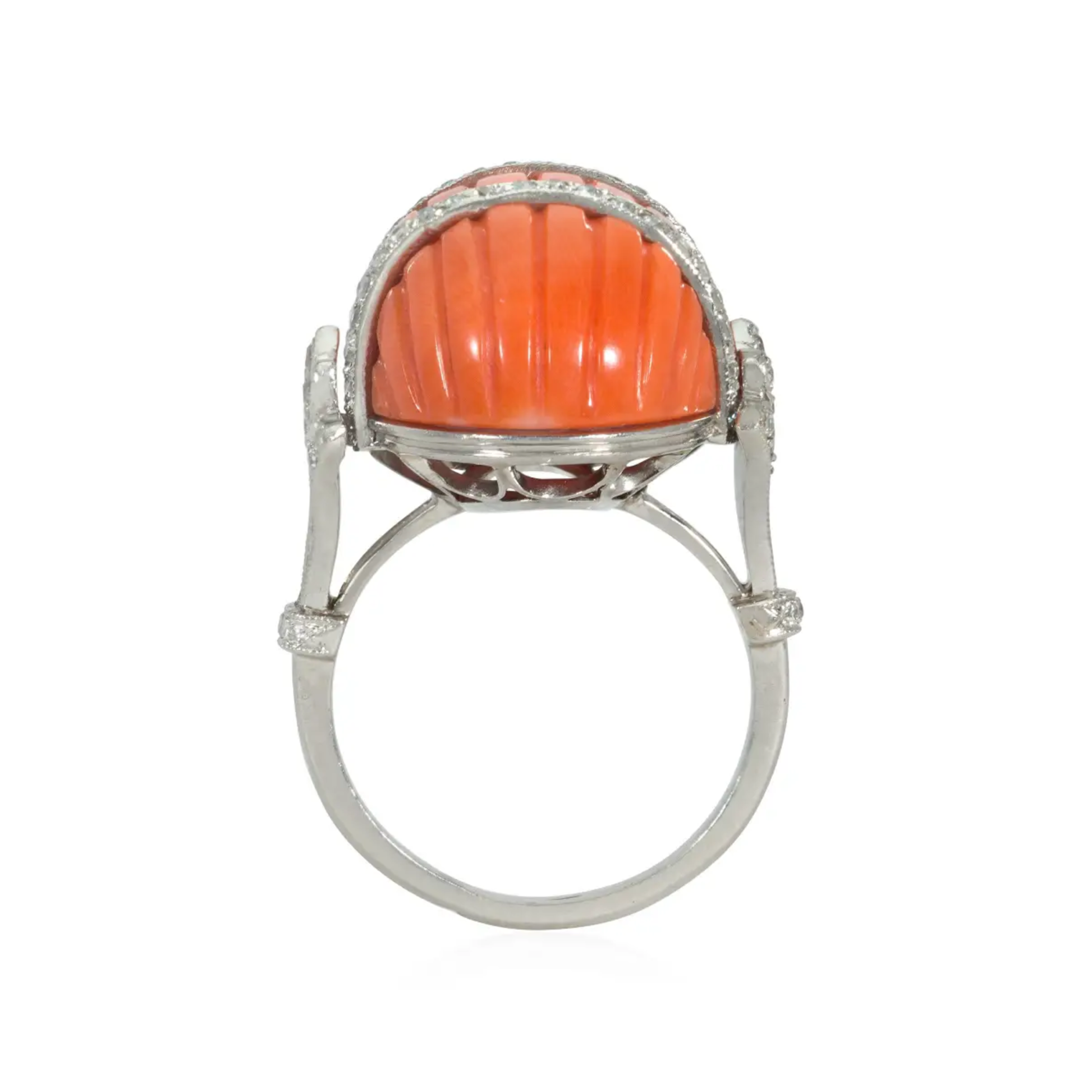 French Art Deco Platinum Coral & Diamond Ring profile