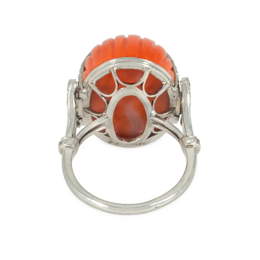 French Art Deco Platinum Coral & Diamond Ring back